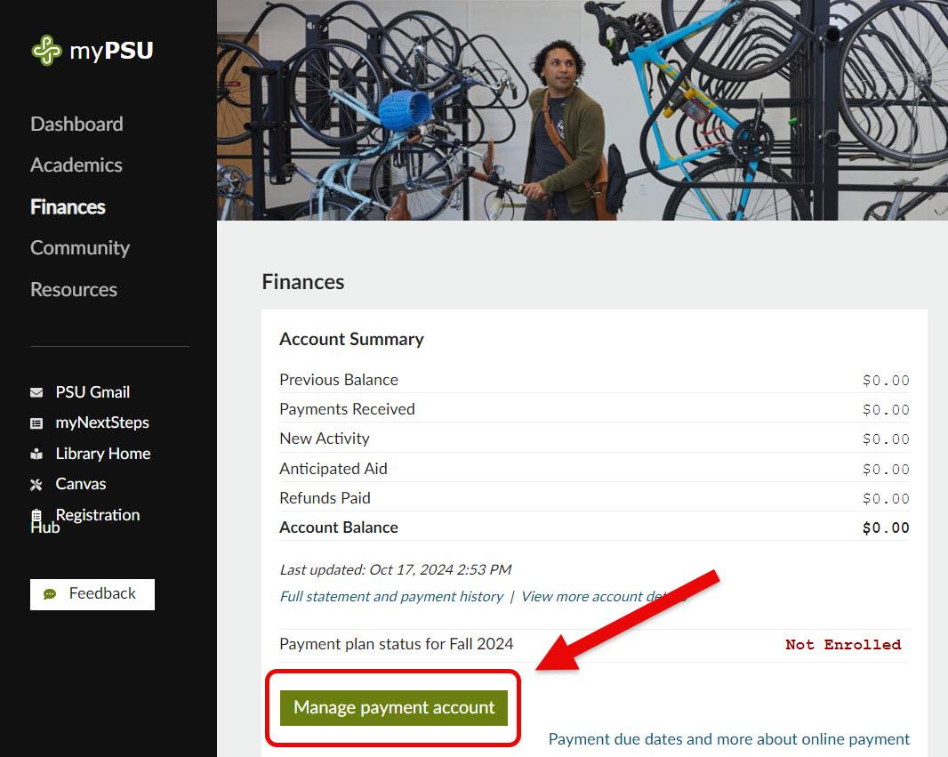 Screen Shot of MyPSU Finances Page